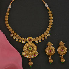 Gold Rodium Polish Multicolor color Necklace in Brass studded with Beads, Cubic Zirconia, Pearl
