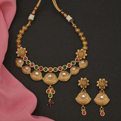 Gold Rodium Polish Multicolor color Necklace in Brass studded with Beads, Cubic Zirconia, Pearl