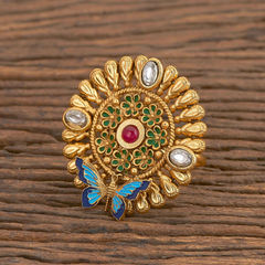Gold Rodium Polish Green, Red and Maroon color Ring in Brass studded with Kundan