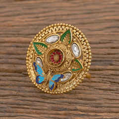 Gold Rodium Polish Green, Red and Maroon color Ring in Brass studded with CZ Diamond, Kundan