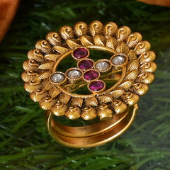 Gold Rodium Polish Red and Maroon color Ring in Brass studded with Kundan