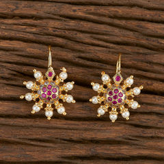 Gold Rodium Polish Red and Maroon, White and Off White color Earrings in Brass studded with American Diamond, Pearl