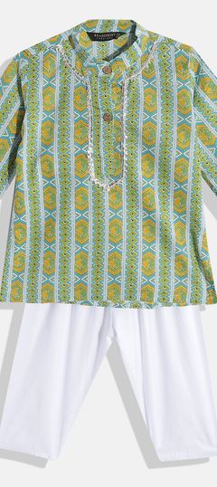 Green color Boys Kurta Pyjama in Cotton fabric with Gota Patti, Printed work