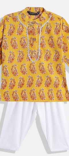 Yellow color Boys Kurta Pyjama in Cotton fabric with Gota Patti, Printed work