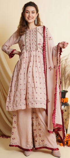 Pink and Majenta color Salwar Kameez in Georgette fabric with Mirror, Resham, Thread, Zari work