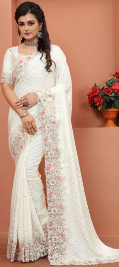 White and Off White color Saree in Satin Silk, Silk fabric with Embroidered, Thread work