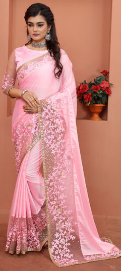 Pink and Majenta color Saree in Art Silk, Silk fabric with Embroidered, Stone, Thread work