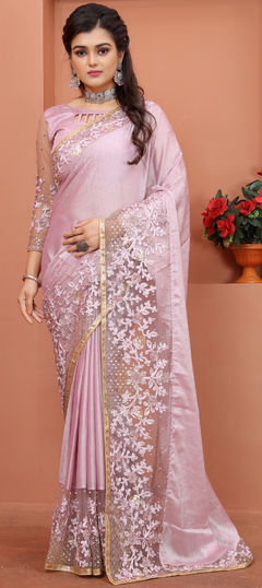 Purple and Violet color Saree in Art Silk, Silk fabric with Embroidered, Stone, Thread work