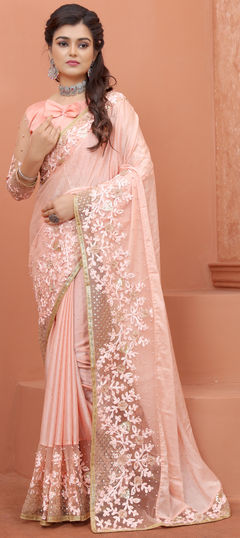 Pink and Majenta color Saree in Art Silk, Silk fabric with Embroidered, Stone, Thread work