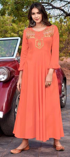 Orange color Kurti in Rayon fabric with Embroidered, Resham, Thread work