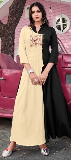 Beige and Brown, Black and Grey color Kurti in Rayon fabric with Embroidered, Resham, Thread work