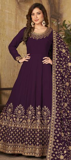 Purple and Violet color Salwar Kameez in Georgette fabric with Embroidered, Stone, Thread, Zari work