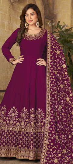 Pink and Majenta color Salwar Kameez in Georgette fabric with Embroidered, Stone, Thread, Zari work