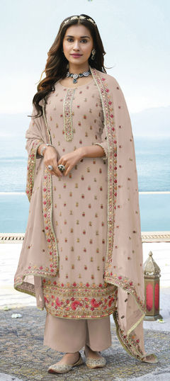 Pink and Majenta color Salwar Kameez in Georgette fabric with Embroidered, Mirror, Sequence, Thread, Zari work