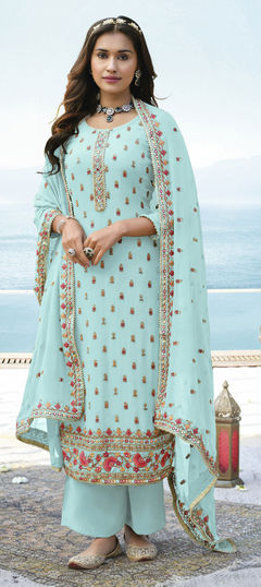 Blue color Salwar Kameez in Georgette fabric with Embroidered, Mirror, Sequence, Thread, Zari work