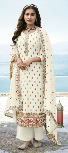 White and Off White color Salwar Kameez in Georgette fabric with Embroidered, Mirror, Sequence, Thread, Zari work