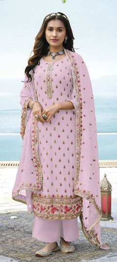 Pink and Majenta color Salwar Kameez in Georgette fabric with Embroidered, Mirror, Sequence, Thread, Zari work