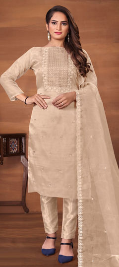Beige and Brown color Salwar Kameez in Organza Silk, Silk fabric with Embroidered, Resham, Thread work