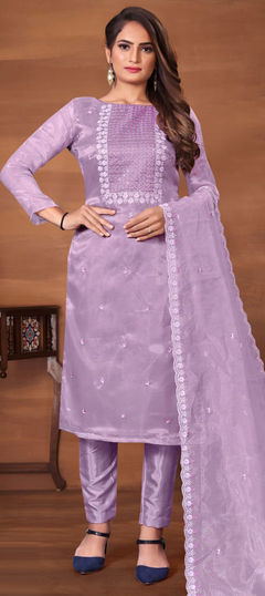 Purple and Violet color Salwar Kameez in Organza Silk, Silk fabric with Embroidered, Resham, Thread work