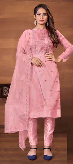 Pink and Majenta color Salwar Kameez in Organza Silk, Silk fabric with Embroidered, Resham, Thread work