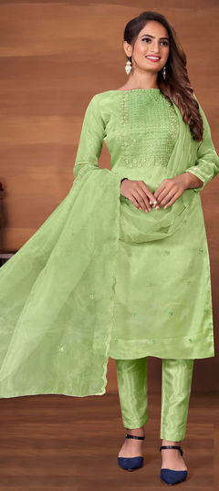 Green color Salwar Kameez in Organza Silk, Silk fabric with Embroidered, Resham, Thread work