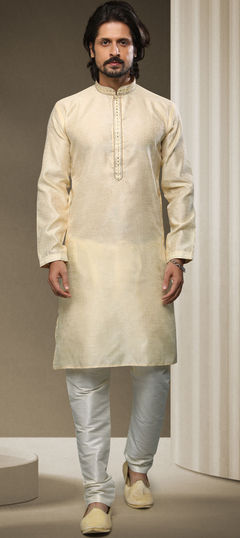 Beige and Brown color Kurta Pyjamas in Jacquard fabric with Embroidered, Mirror work