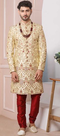 Gold color Sherwani in Banarasi Silk fabric with Embroidered, Thread work