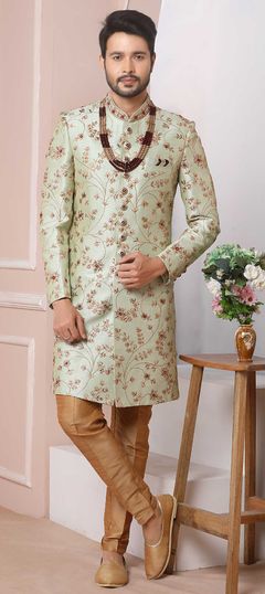 Green color Sherwani in Banarasi Silk fabric with Embroidered, Thread work