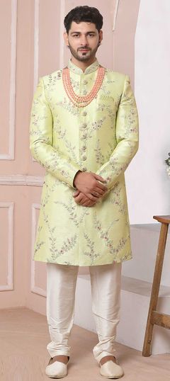 Green color Sherwani in Banarasi Silk fabric with Embroidered, Thread work