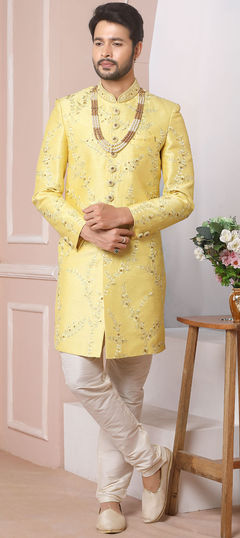 Yellow color Sherwani in Banarasi Silk fabric with Embroidered, Thread work