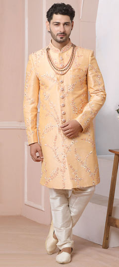 Pink and Majenta color Sherwani in Banarasi Silk fabric with Embroidered, Thread work
