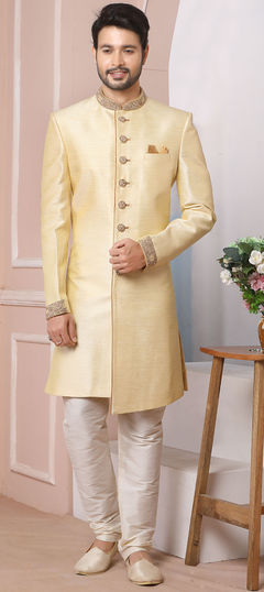 Gold color IndoWestern Dress in Banarasi Silk fabric with Embroidered, Thread work