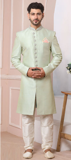 Green color IndoWestern Dress in Banarasi Silk fabric with Embroidered, Thread work