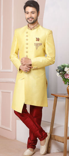 Yellow color IndoWestern Dress in Banarasi Silk fabric with Embroidered, Thread work