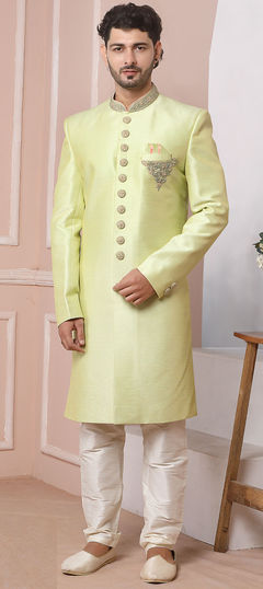 Green color IndoWestern Dress in Banarasi Silk fabric with Embroidered, Thread work