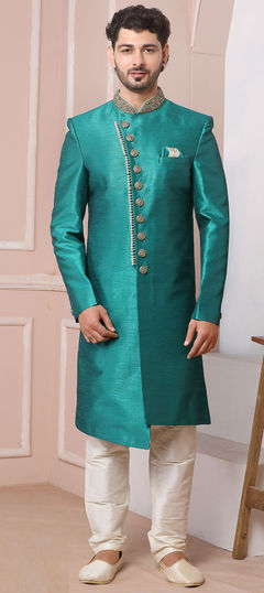 Green color IndoWestern Dress in Banarasi Silk fabric with Embroidered, Thread work