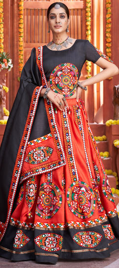 Red and Maroon color Lehenga in Art Silk, Silk fabric with Mirror work