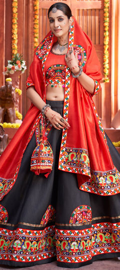Black and Grey color Lehenga in Art Silk fabric with Mirror work