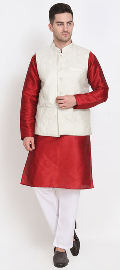 Red and Maroon color Kurta Pyjama with Jacket in Dupion Silk fabric with Thread work