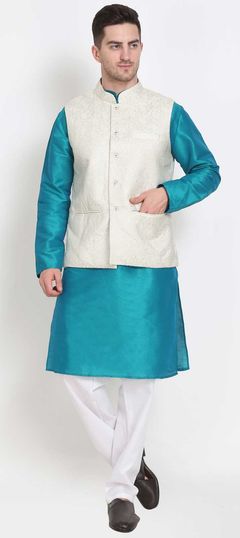 Blue color Kurta Pyjama with Jacket in Dupion Silk fabric with Thread work