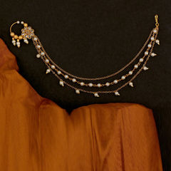 Gold Rodium Polish White and Off White color Nose Ring in Copper studded with Kundan, Pearl