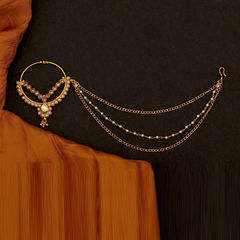 Gold Rodium Polish White and Off White color Nose Ring in Copper studded with Kundan, Pearl