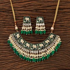 Gold Rodium Polish Green color Necklace in Brass studded with Kundan, Pearl