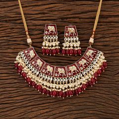Gold Rodium Polish Red and Maroon color Necklace in Brass studded with Kundan, Pearl