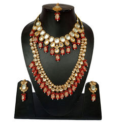 Gold Rodium Polish Red and Maroon color Necklace in Metal Alloy studded with Kundan