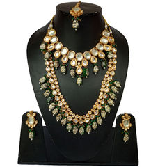Gold Rodium Polish Green color Necklace in Metal Alloy studded with Kundan
