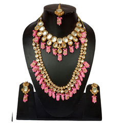 Gold Rodium Polish Pink and Majenta color Necklace in Metal Alloy studded with Kundan