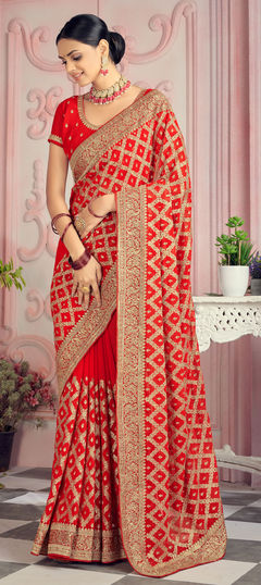 Pink and Majenta color Saree in Georgette fabric with Embroidered, Stone, Thread, Zari work