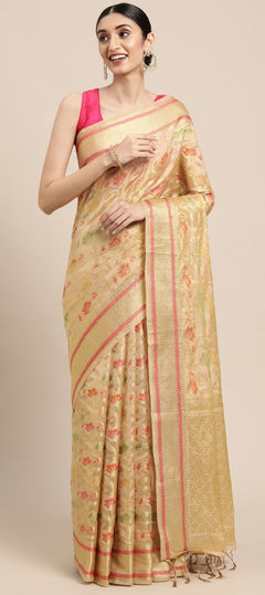 Beige and Brown color Saree in Organza Silk, Silk fabric with Weaving work