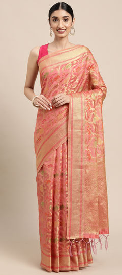 Pink and Majenta color Saree in Organza Silk, Silk fabric with Weaving work